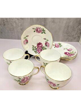 Vintage Tudor China Pink Rose Tea Cup & Saucer Set Gold Trim England VL5079